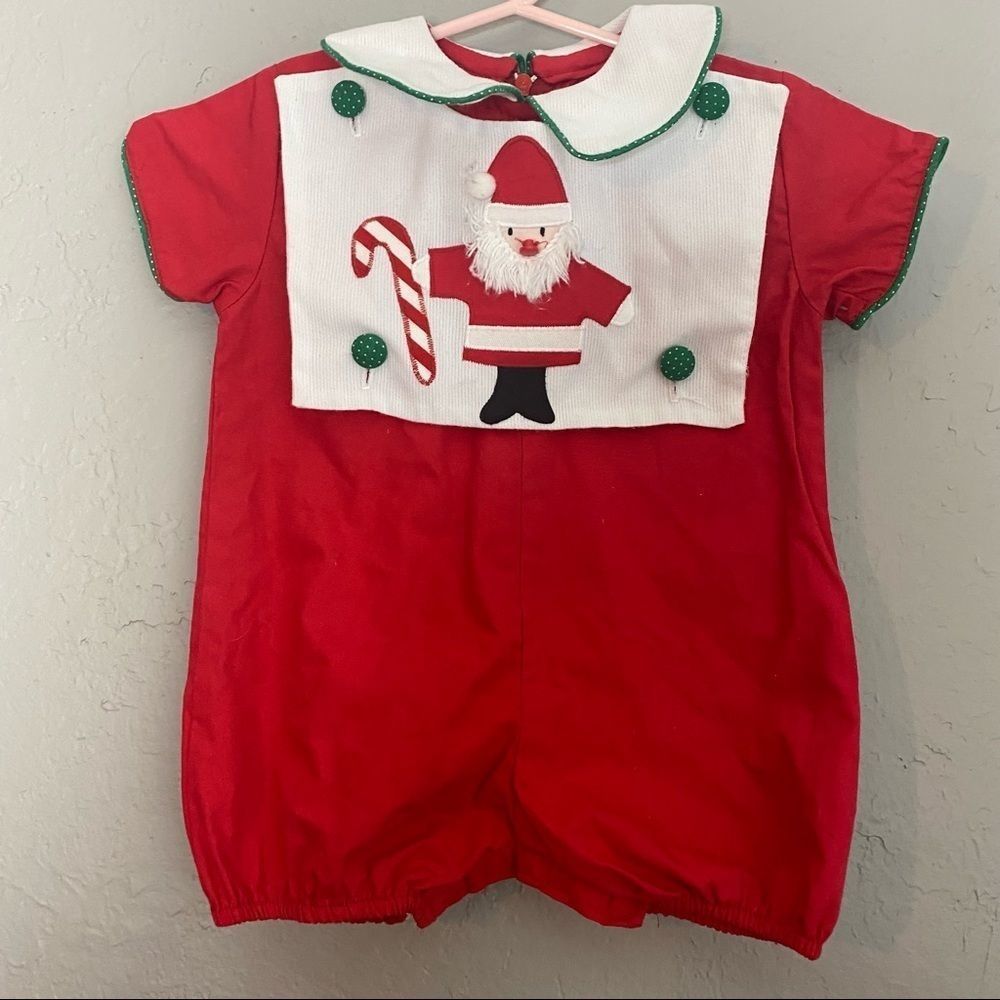 Vintage baby boy smocked Santa romper